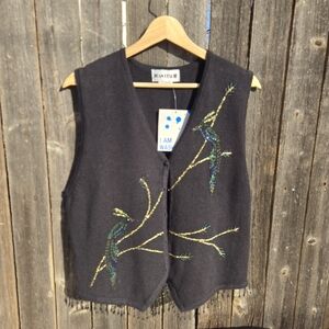 Black Vest with Embroidered Bird